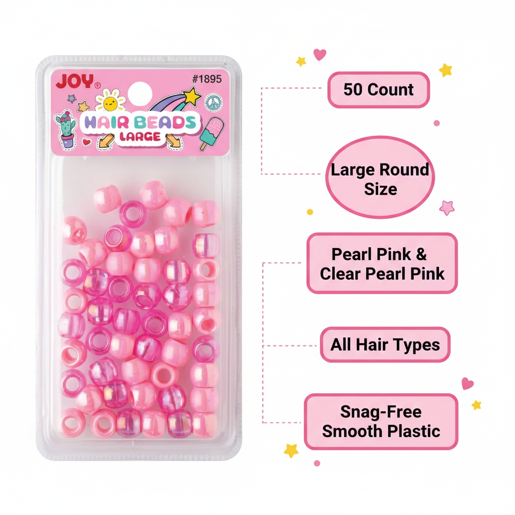 Clear plastic package containing 50 large round hair beads in pearl pink and clear pearl pink shades, designed for snag-free use on all hair types including textured hair.