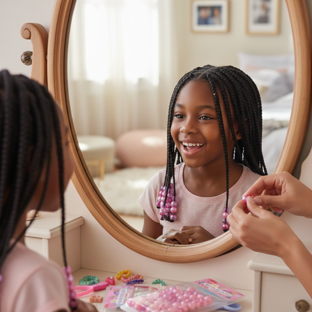 Young girl with braided hair decorated with large pink pearl beads smiling at her reflection while someone holds more beads near a vanity mirror in a brightly lit room.