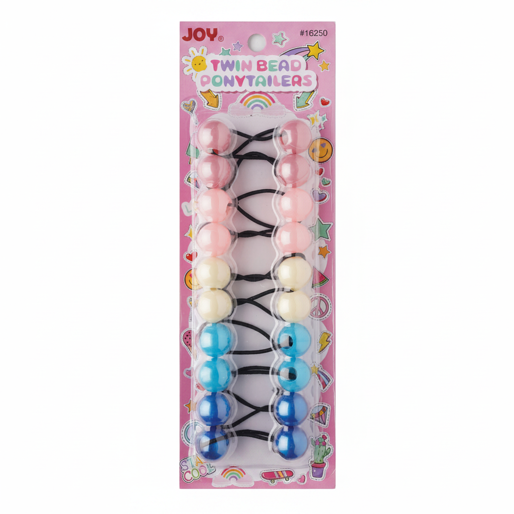 Clear plastic pack of ten twin bead ponytail holders in assorted pastel and bright colors including pink, white, and blue, designed for textured and multicultural hair by Annie International.
