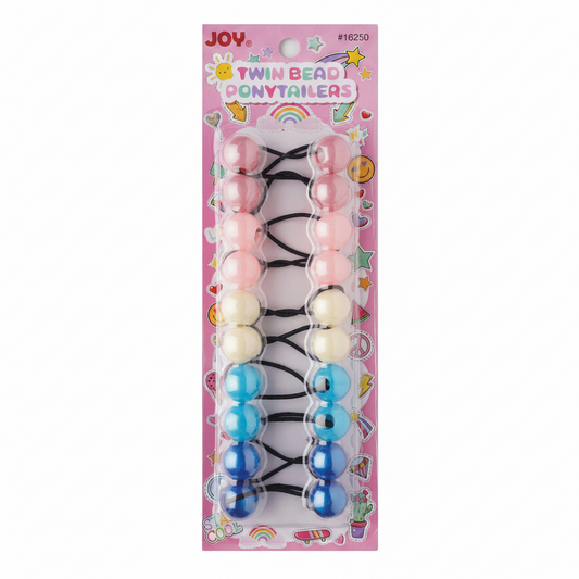Clear plastic pack of ten twin bead ponytail holders in assorted pastel and bright colors including pink, white, and blue, designed for textured and multicultural hair by Annie International.