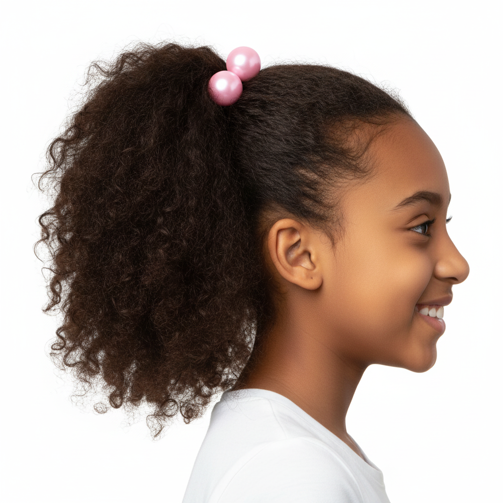 Young girl with textured natural hair styled in a ponytail secured with pink twin bead ponytailers, showcasing a smooth, snag-free hold designed for multicultural hair.