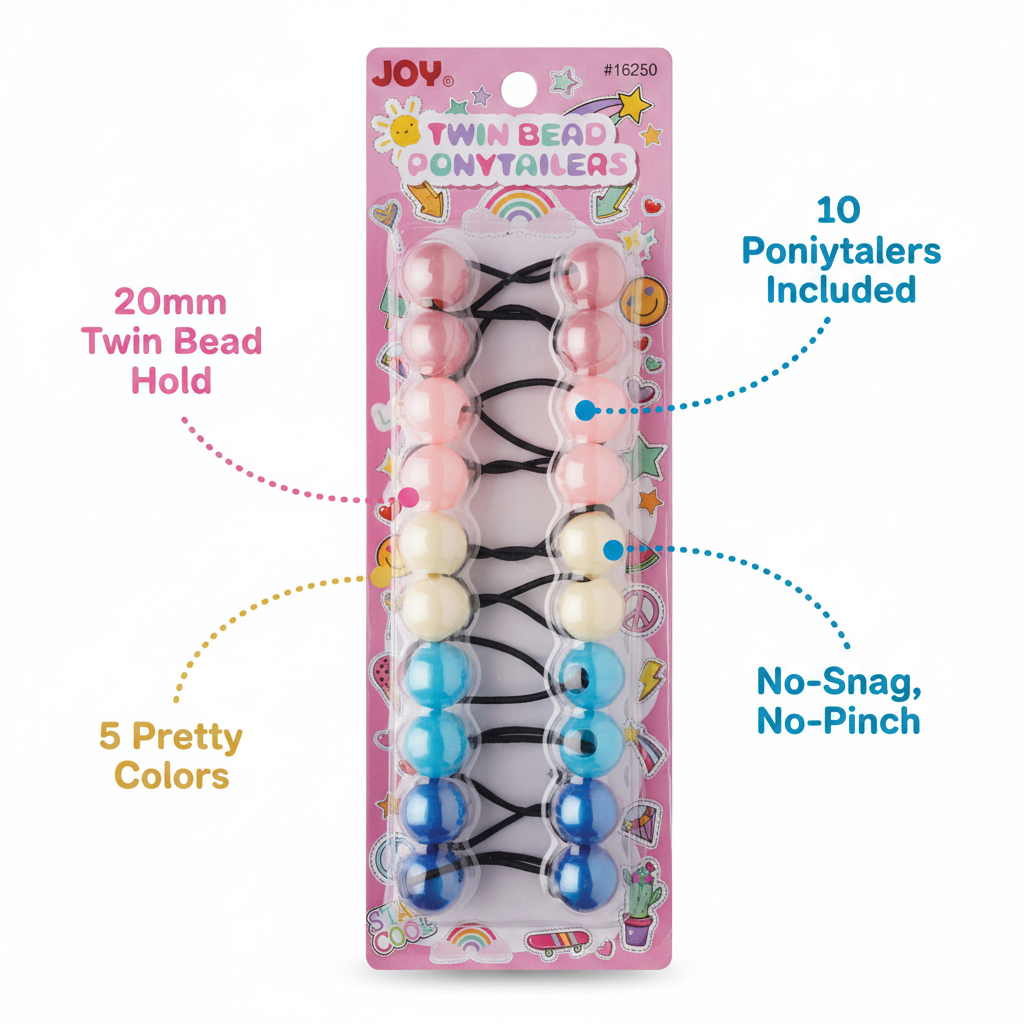 Package of 10 colorful twin bead ponytail holders in five shades, designed for firm, no-snag hold on textured and multicultural hair by Annie International.