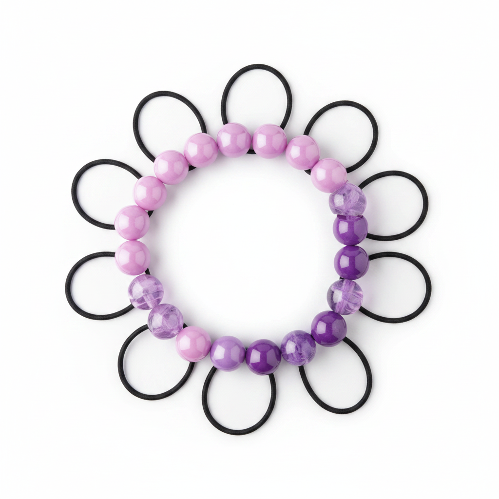 A circle of assorted purple twin bead ponytail holders with black elastic bands designed for firm, snag-free hold on textured and multicultural hair.