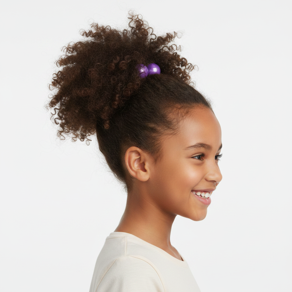 Smiling young girl with natural curly hair styled in a high ponytail secured with purple glittery twin bead ponytail holders, designed for textured hair.