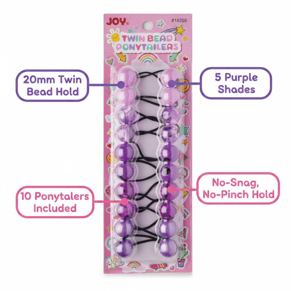 Package of ten glittery purple twin bead ponytail holders in five shades, designed for no-snag, no-pinch hold on textured and multicultural hair by Annie International.
