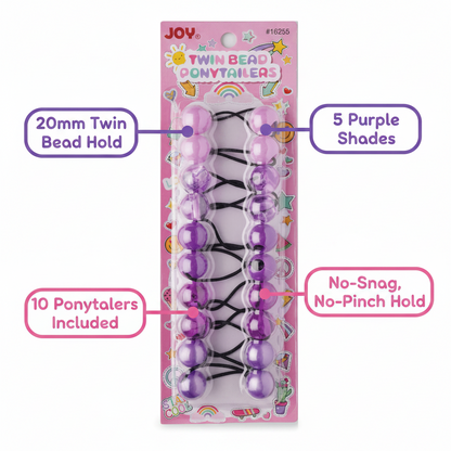 Package of ten glittery purple twin bead ponytail holders in five shades, designed for no-snag, no-pinch hold on textured and multicultural hair by Annie International.