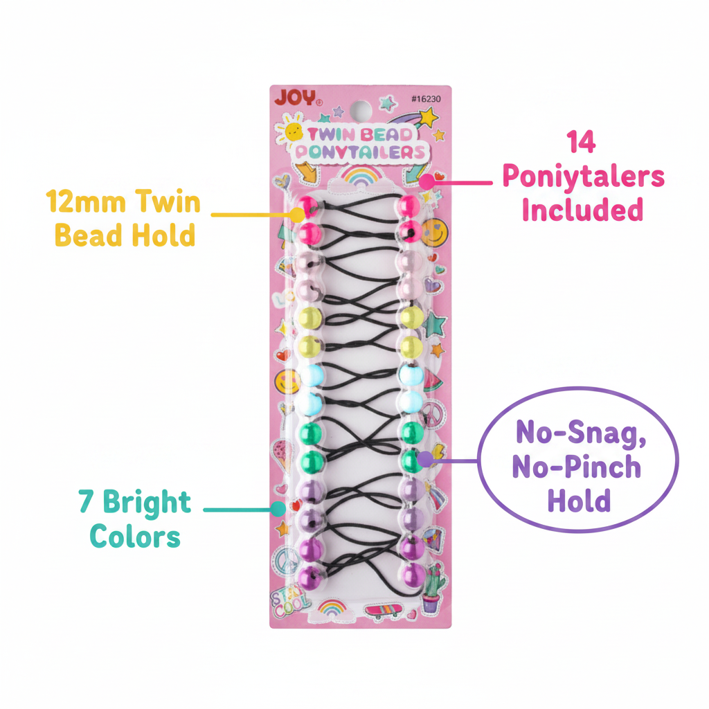 Brightly colored twin bead ponytailers in seven vibrant shades, designed for a no-snag, no-pinch hold, ideal for textured and multicultural hair styling.