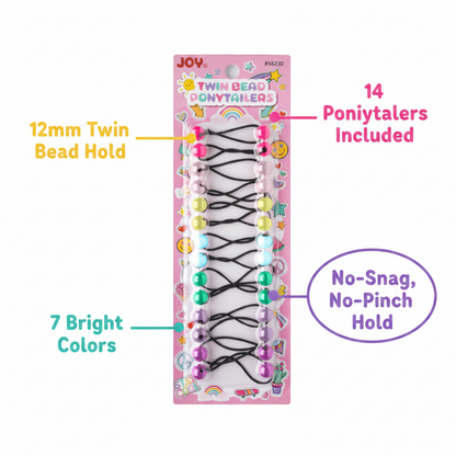 Brightly colored twin bead ponytailers in seven vibrant shades, designed for a no-snag, no-pinch hold, ideal for textured and multicultural hair styling.