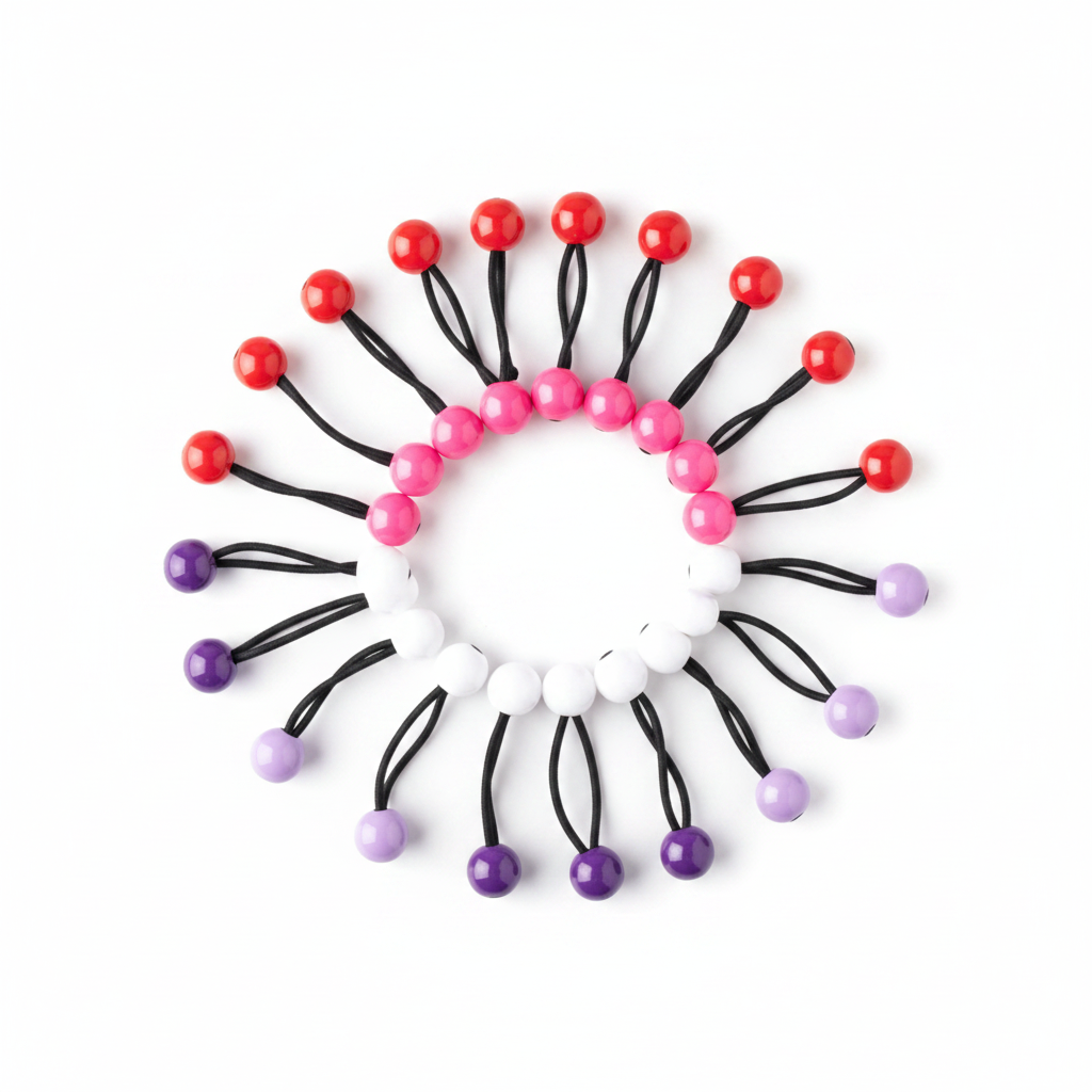 Assorted colored twin bead ponytailers arranged in a circular pattern, designed for secure, snag-free hold on textured and multicultural hair.