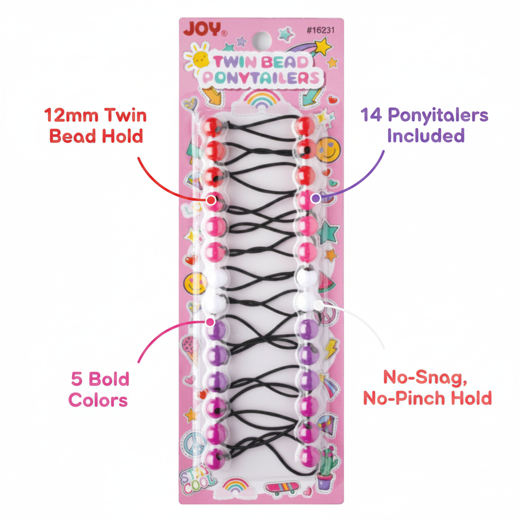 Pack of 14 Joy twin bead ponytailers in five bold colors with 12mm bead hold, designed for no-snags and no-pinch use on textured and multicultural hair.