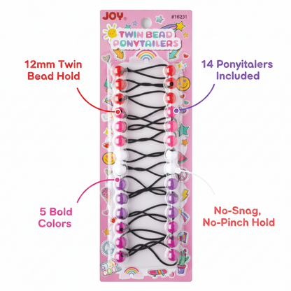 Pack of 14 Joy twin bead ponytailers in five bold colors with 12mm bead hold, designed for no-snags and no-pinch use on textured and multicultural hair.