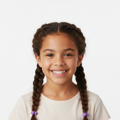 Smiling young girl with textured hair styled in two braids secured with colorful twin bead ponytailers designed for multicultural hair by Annie International.