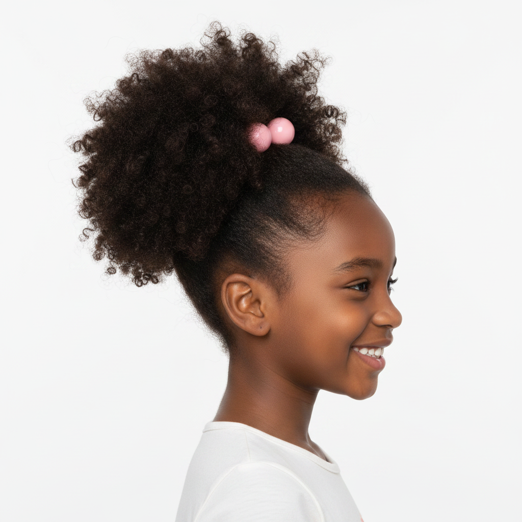 Smiling young girl with textured natural hair styled in a high puff secured with blush-colored twin bead hair accessories designed for gentle hold on multicultural hair.