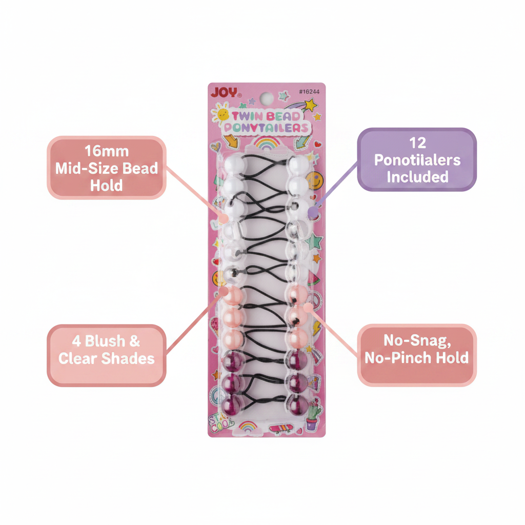 Packaging of Joy Twin Bead Ponytailers showing 12 assorted blush and clear ponytail holders with 16mm mid-size beads, designed for no-snag, no-pinch hold on textured hair.