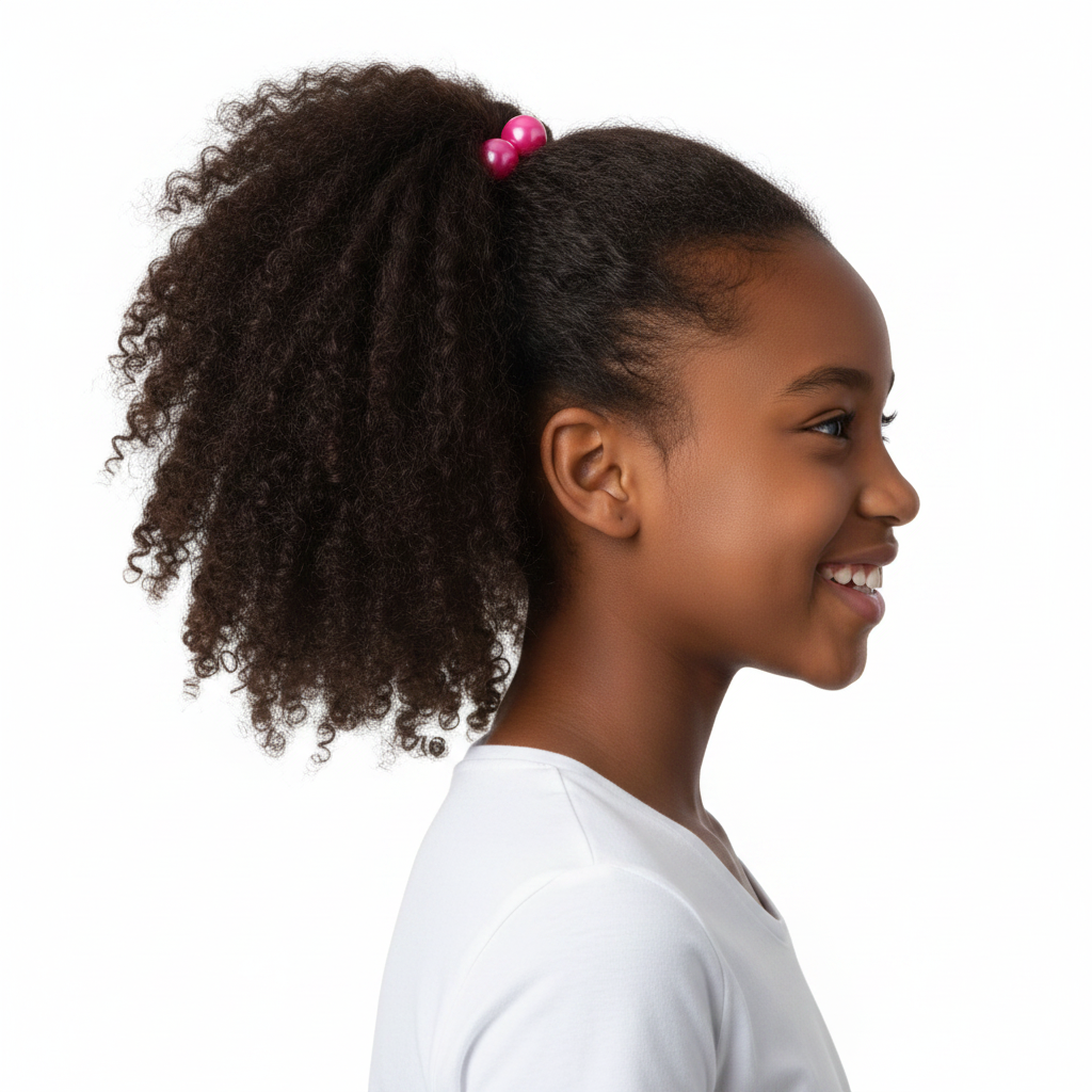 Young girl with natural textured hair styled in a ponytail secured with pink bead ponytailers designed for firm hold and snag-free styling of multicultural hair.