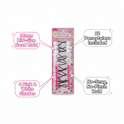 Pack of 12 assorted pink and white twin bead ponytail holders with mid-size 16mm beads designed for a firm, no-snag, no-pinch hold on textured and multicultural hair.