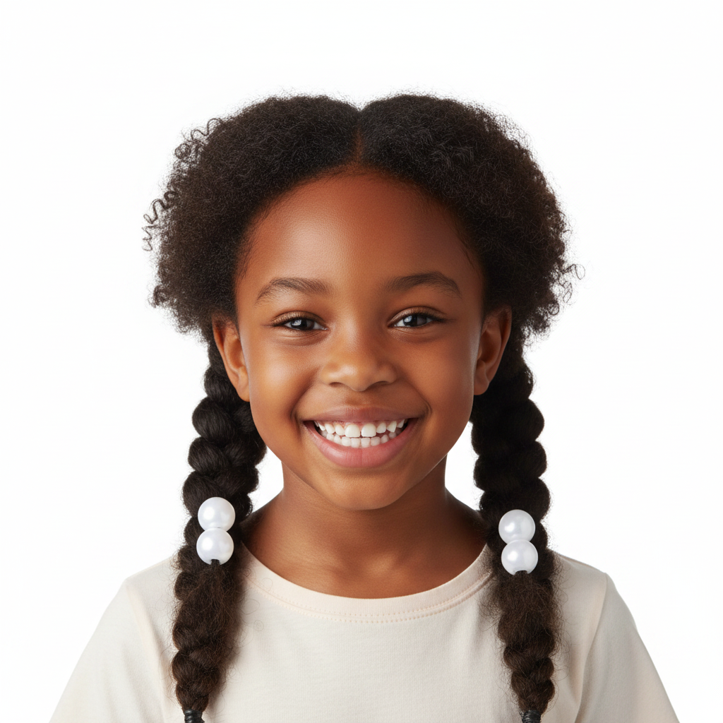 Smiling young girl with textured hair styled in two braids secured with white twin bead ponytailers designed for multicultural hair.