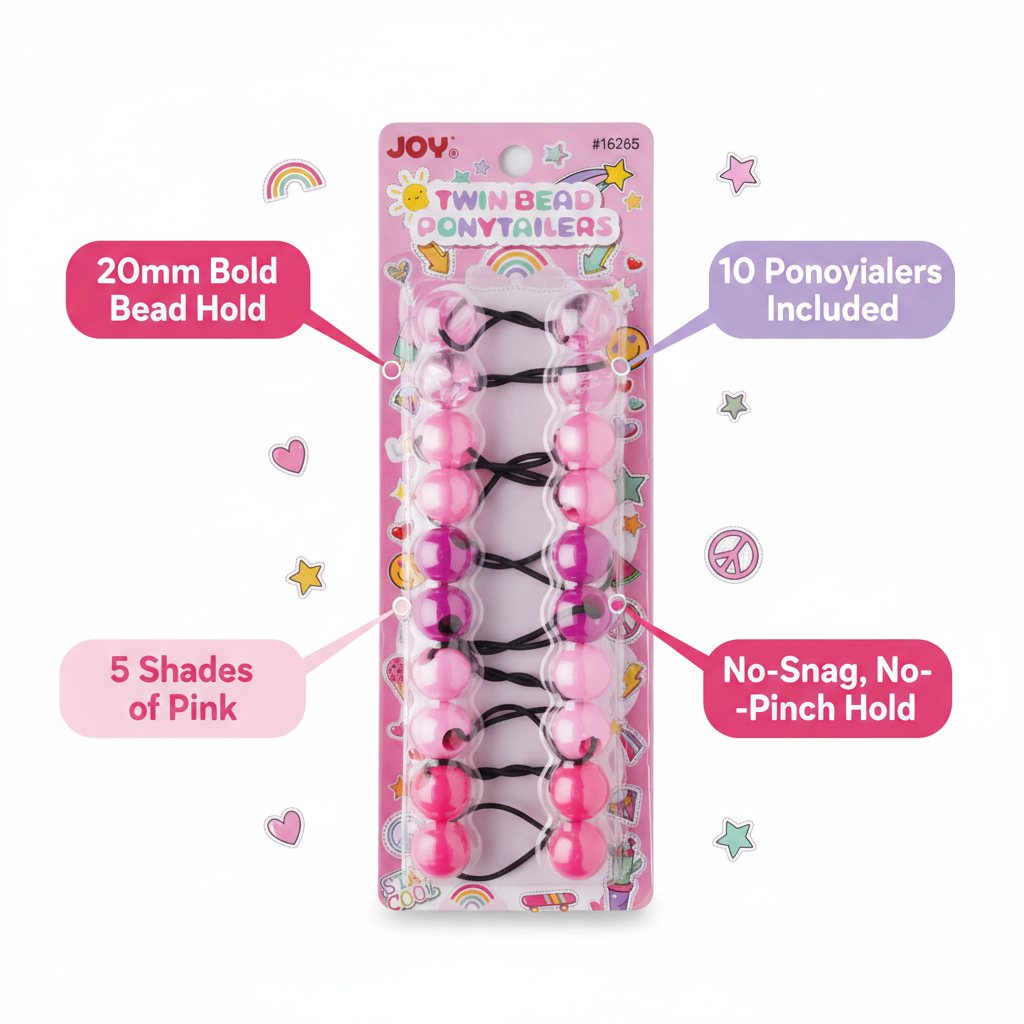 Set of ten pink twin bead ponytail holders in five shades, designed for firm, no-snag hold on textured and multicultural hair by Annie International.