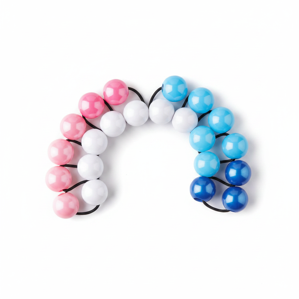 Set of colorful twin bead ponytail holders with pink, white, and various shades of blue beads designed for snag-free styling of textured and multicultural hair.