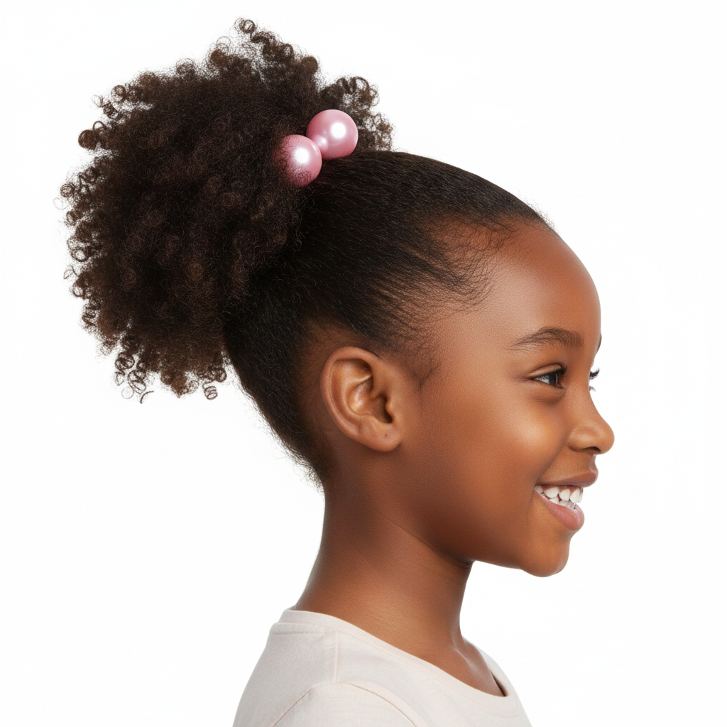 Young girl with textured natural hair styled in a ponytail secured with shiny pink twin bead hair accessories designed for multicultural hair.