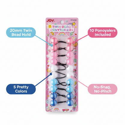 Package of ten twin bead ponytail holders in five pastel colors, designed for a no-snag, comfortable hold on textured and multicultural hair.