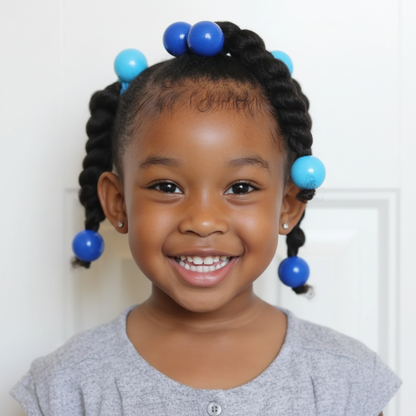 Smiling young girl with textured hair styled in twists secured with vibrant blue and turquoise Joy Twin Bead Ponytailers designed for natural hair.