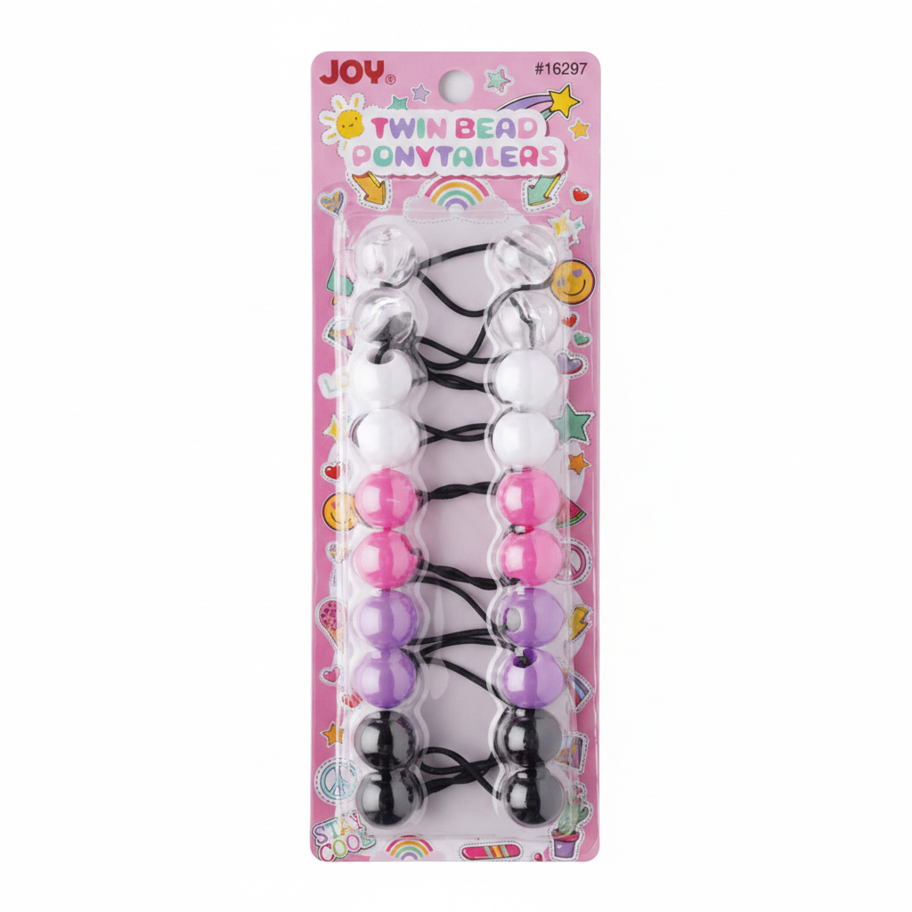 Set of 10 Joy twin bead ponytail holders in black, white, pink, and purple on a pink card, designed for secure, snag-free hold on textured hair.