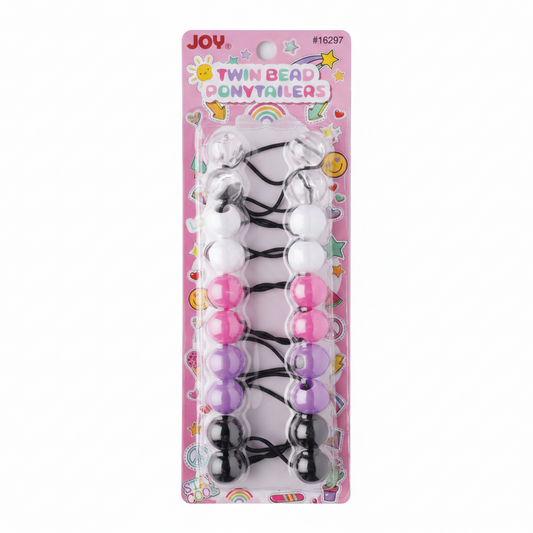 Set of 10 Joy twin bead ponytail holders in black, white, pink, and purple on a pink card, designed for secure, snag-free hold on textured hair.