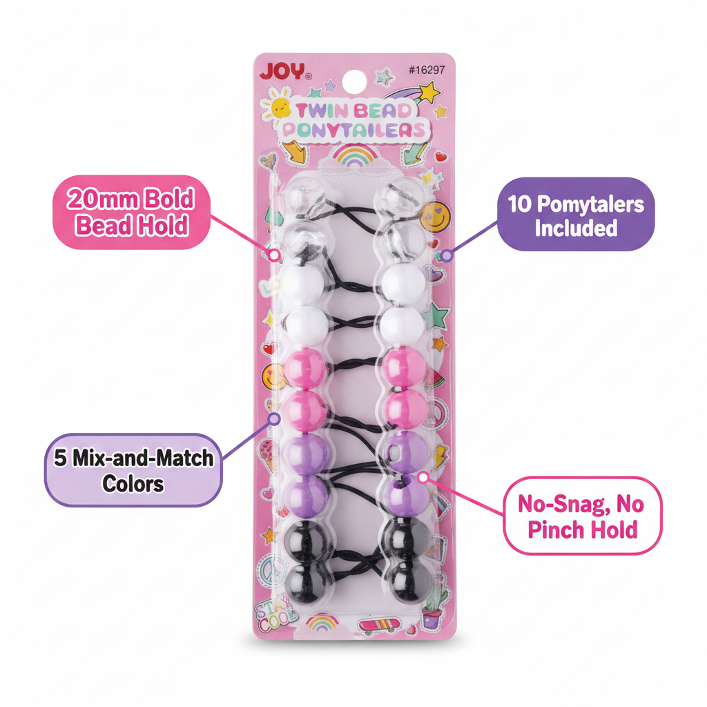 Package of 10 colorful twin bead ponytail holders designed for secure, snag-free styling on textured and multicultural hair, featuring bold 20mm beads and mix-and-match colors.