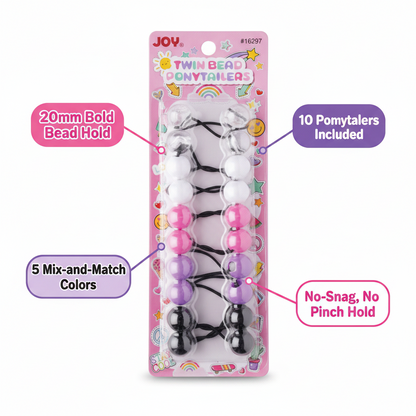 Package of 10 colorful twin bead ponytail holders designed for secure, snag-free styling on textured and multicultural hair, featuring bold 20mm beads and mix-and-match colors.
