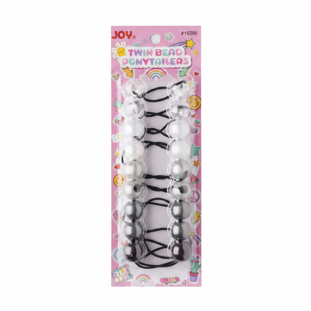 Pack of ten assorted clear and grey twin bead ponytail holders with black elastic bands, designed for secure, snag-free styling on textured and multicultural hair.