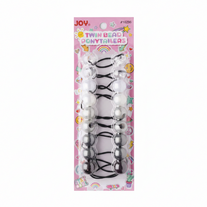 Pack of ten assorted clear and grey twin bead ponytail holders with black elastic bands, designed for secure, snag-free styling on textured and multicultural hair.