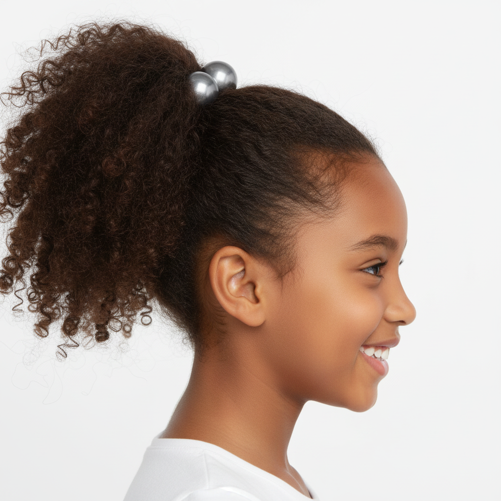 Young girl with natural textured hair styled in a ponytail secured by clear grey twin bead ponytailers designed for firm, snag-free hold on multicultural hair.