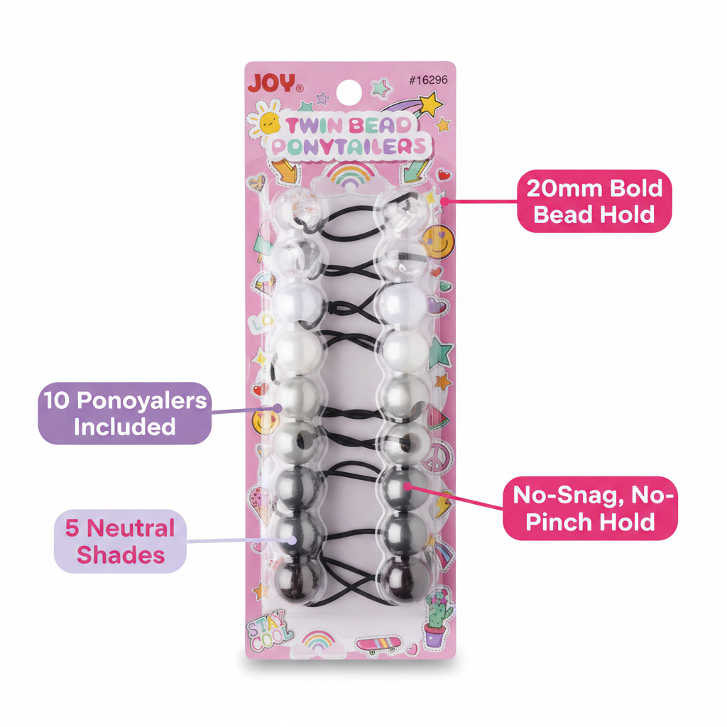 Set of 10 twin bead ponytail holders in assorted clear and grey shades, designed for secure, no-snag hold on textured and multicultural hair.