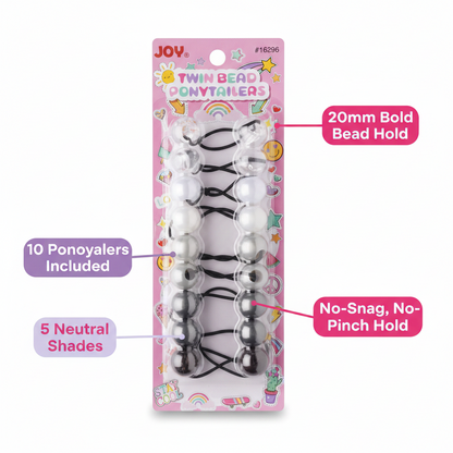 Set of 10 twin bead ponytail holders in assorted clear and grey shades, designed for secure, no-snag hold on textured and multicultural hair.