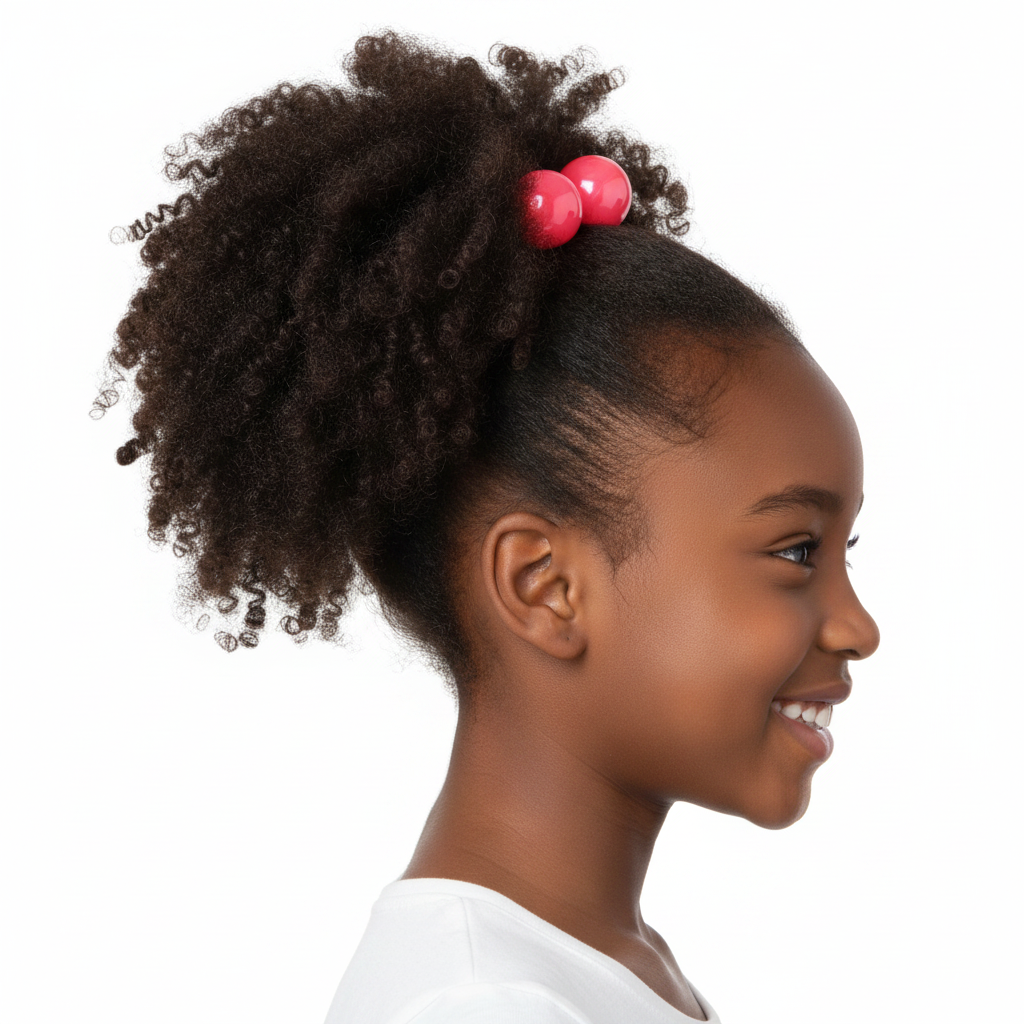 Young girl with natural textured hair styled in a high ponytail secured with bright red twin bead hair accessories designed for snag-free hold on multicultural hair.