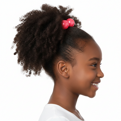 Young girl with natural textured hair styled in a high ponytail secured with bright red twin bead hair accessories designed for snag-free hold on multicultural hair.