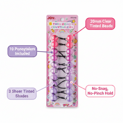 Set of 10 colorful ponytail holders featuring 20mm clear tinted beads in three sheer shades, designed for firm, no-snag, no-pinch hold on textured hair.