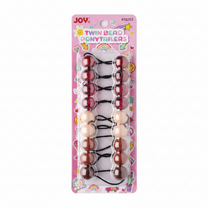 Pack of assorted color ponytail holders featuring twin bead design on durable elastic bands, designed for snag-free styling of textured and multicultural hair.