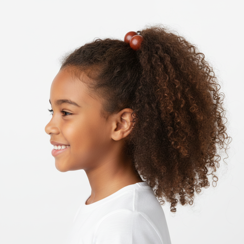 Young girl with textured natural hair styled in a ponytail secured by twin bead ponytailers in warm earth tones, showcasing a firm, snag-free hold designed for multicultural hair.