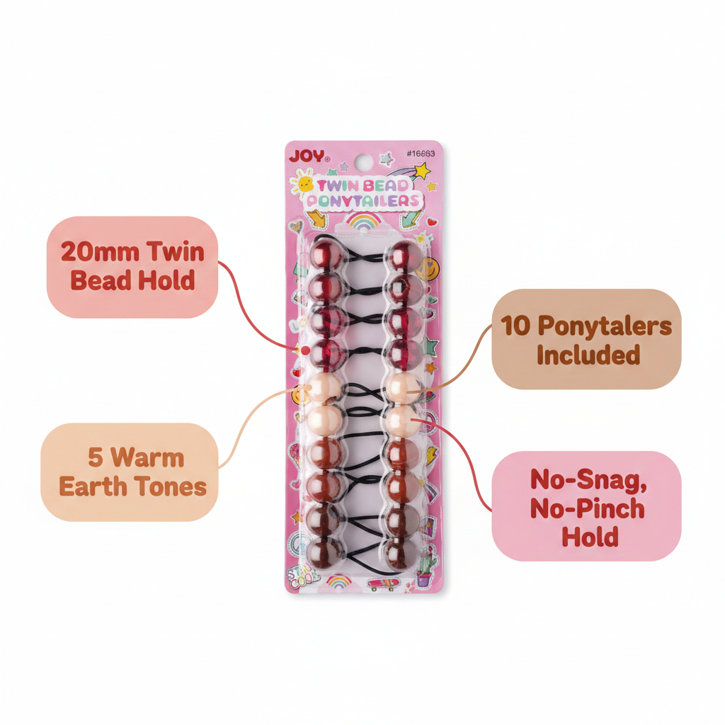 Package of assorted warm earth tone twin bead ponytail holders featuring no-snag design, sized for firm 20mm hold, perfect for textured and multicultural hair styling.