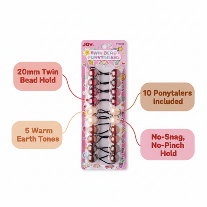 Package of assorted warm earth tone twin bead ponytail holders featuring no-snag design, sized for firm 20mm hold, perfect for textured and multicultural hair styling.
