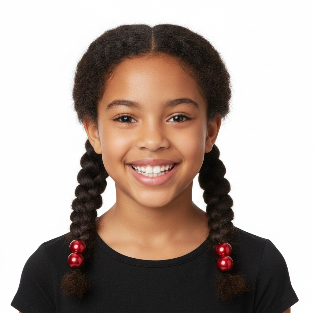 Smiling young girl with textured hair styled in two neat braids, each secured with red twin bead ponytailers designed for snag-free hold on natural hair.