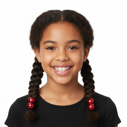 Smiling young girl with textured hair styled in two neat braids, each secured with red twin bead ponytailers designed for snag-free hold on natural hair.
