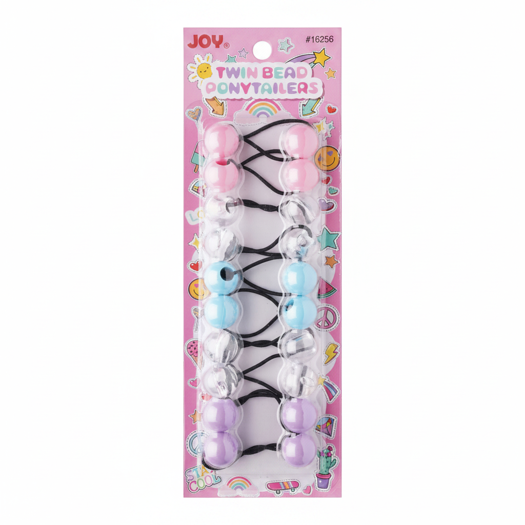 Set of colorful twin bead ponytail holders with pastel pink, clear, blue, and lavender beads on black elastic bands designed for textured and multicultural hair.