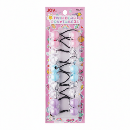 Set of colorful twin bead ponytail holders with pastel pink, clear, blue, and lavender beads on black elastic bands designed for textured and multicultural hair.