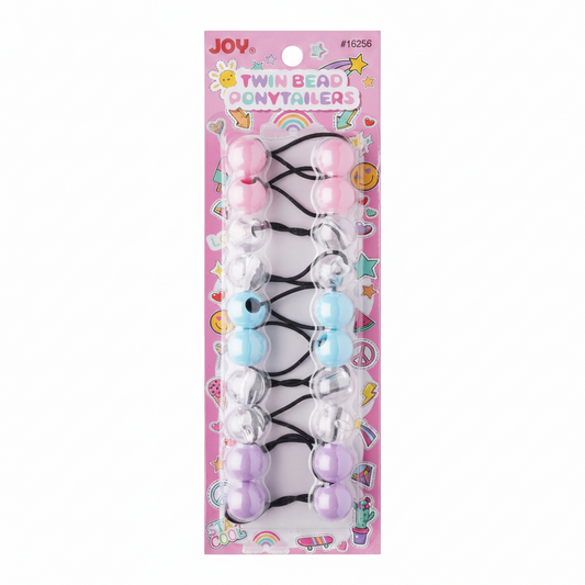 Set of colorful twin bead ponytail holders with pastel pink, clear, blue, and lavender beads on black elastic bands designed for textured and multicultural hair.