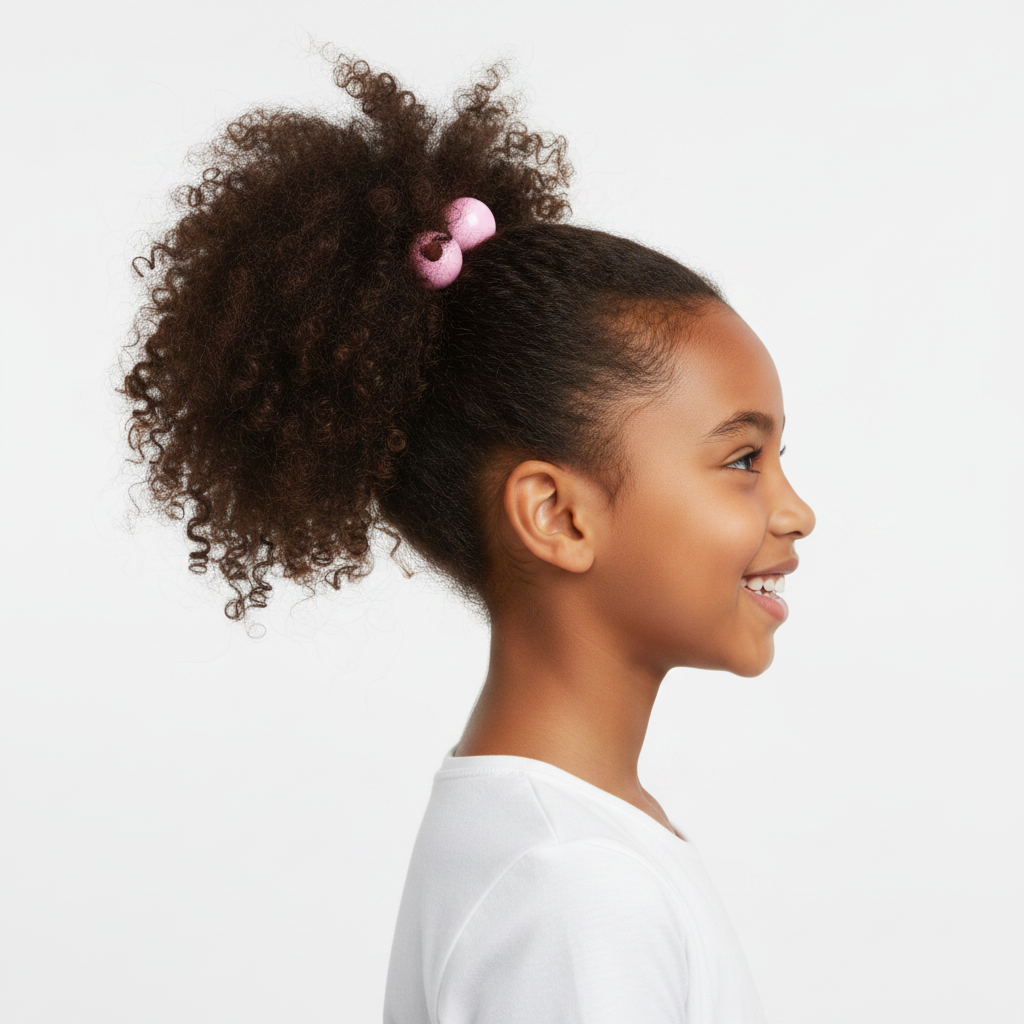 Young girl with textured natural hair styled in a high puff secured with pastel-colored twin bead ponytailers, showcasing a firm, snag-free hold designed for multicultural hair.