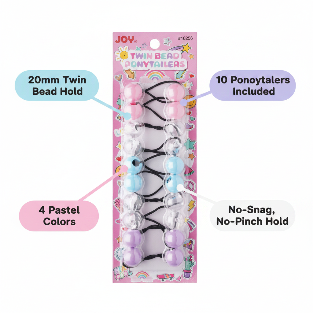 Pack of ten no-snags ponytail holders with twin pastel beads in four colors offering a secure, pinch-free hold designed for textured hair styling by Annie International.