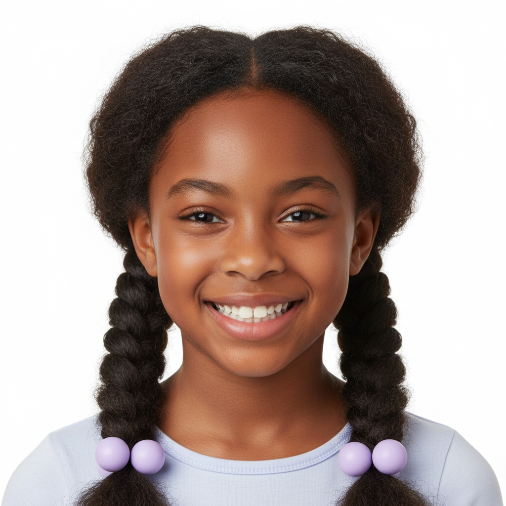 Smiling young girl with textured natural hair styled in two braids secured with pastel purple twin bead ponytailers designed for firm, snag-free hold on multicultural hair.